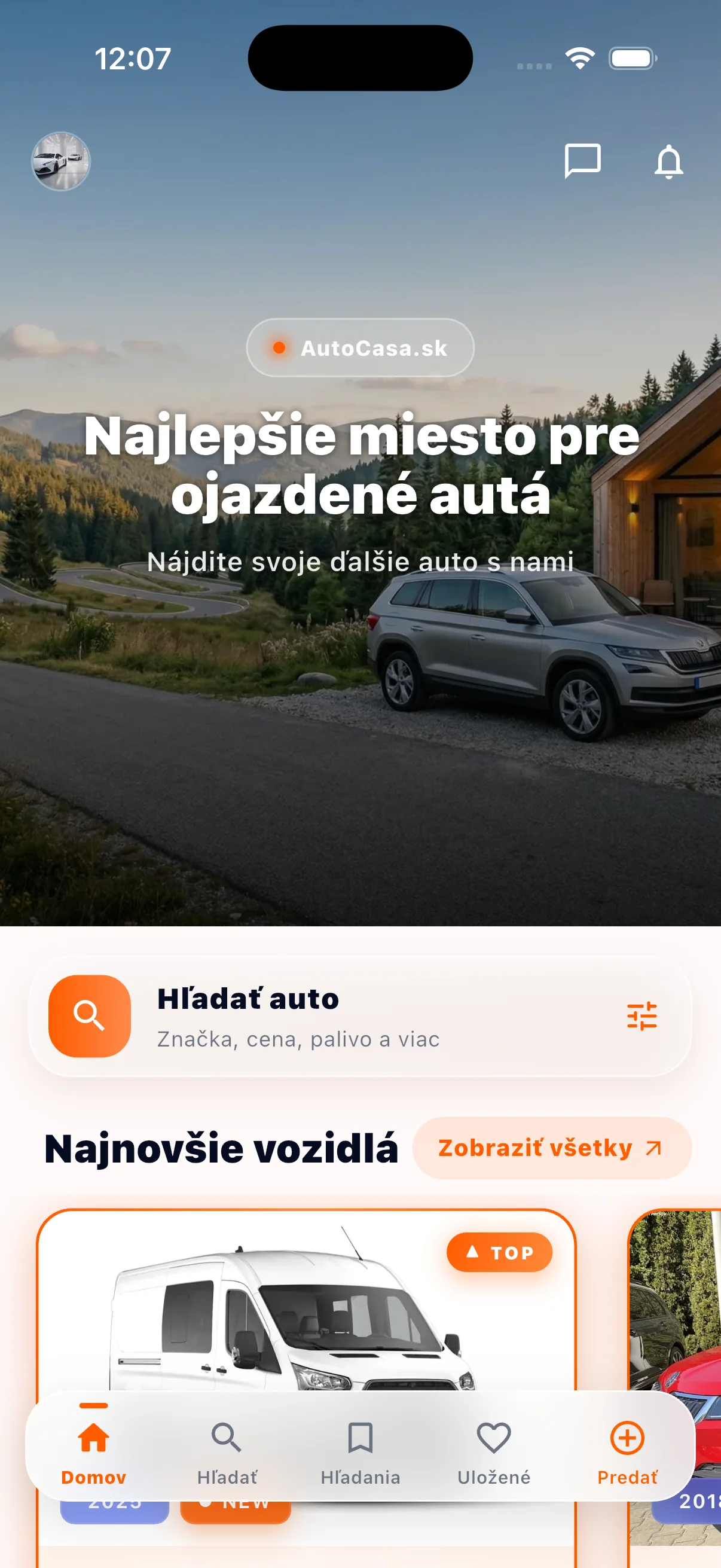 Úvodná obrazovka aplikácie AutoCasa s najnovšími vozidlami