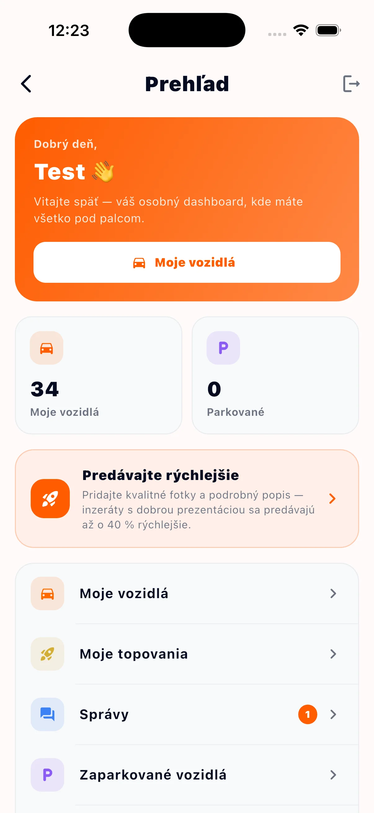 Prehľad používateľa v aplikácii — moje vozidlá, topovania a správy
