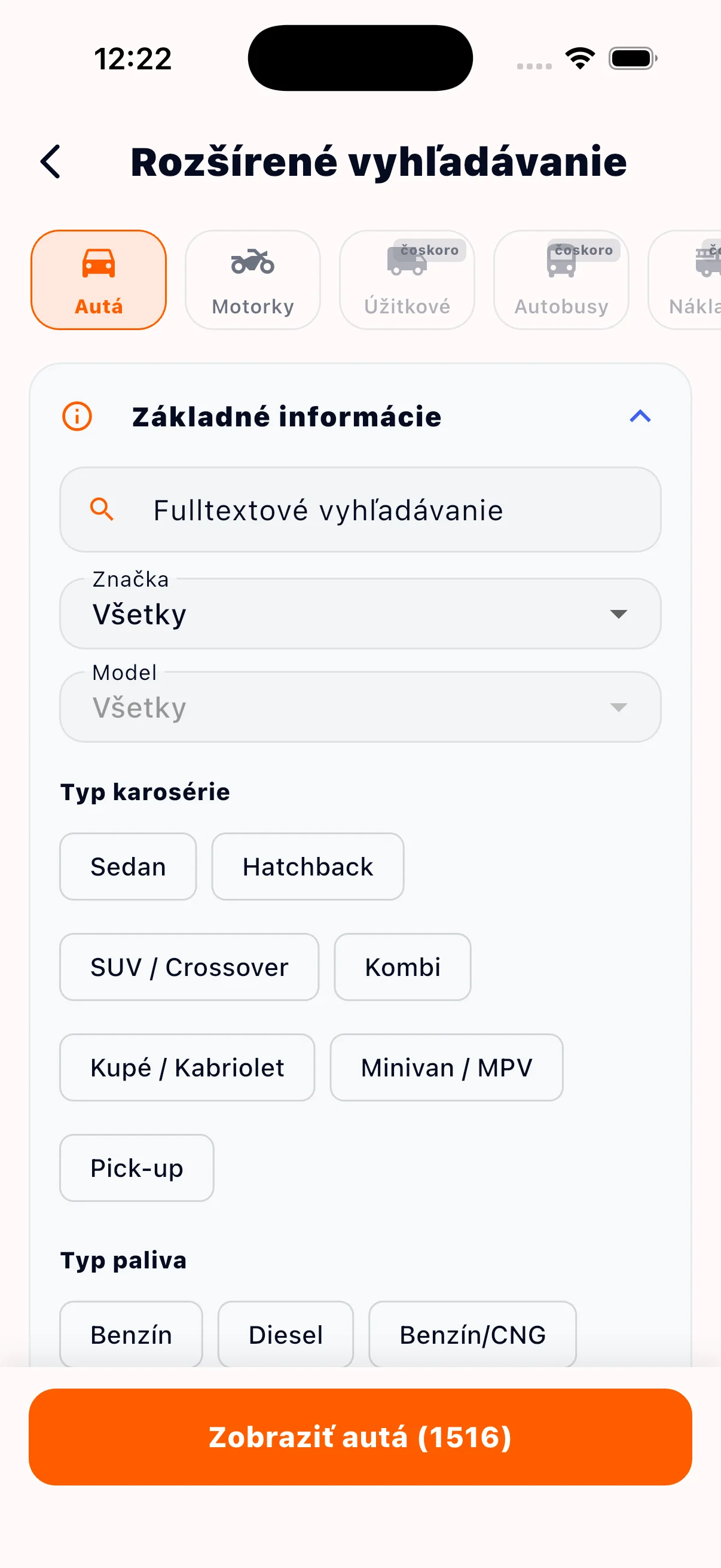 Rozšírené vyhľadávanie v aplikácii — filtre podľa značky, karosérie a paliva